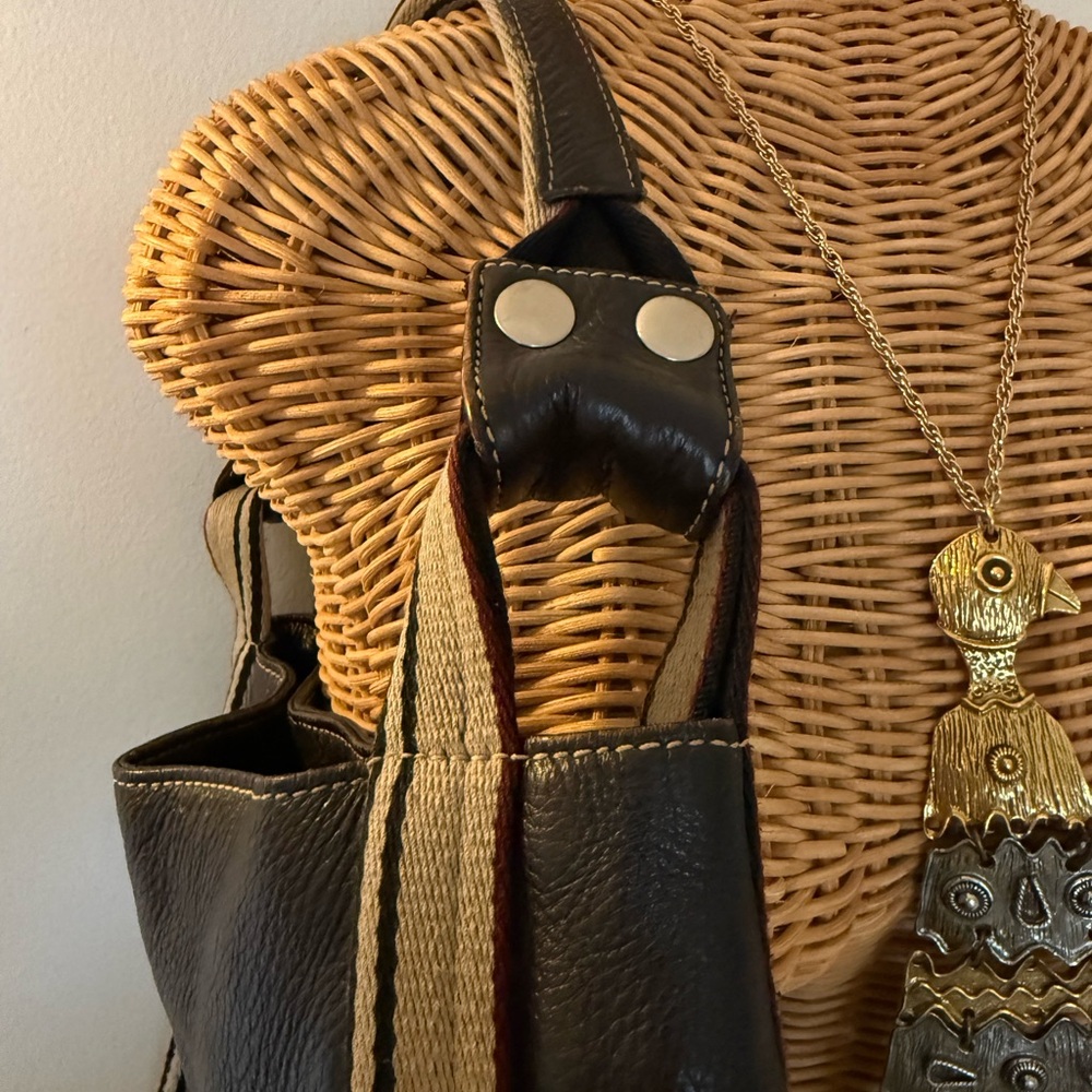 Chocolate brown Leather Tote/shoulder Bag with Striped Accents - Picture 3 of 12